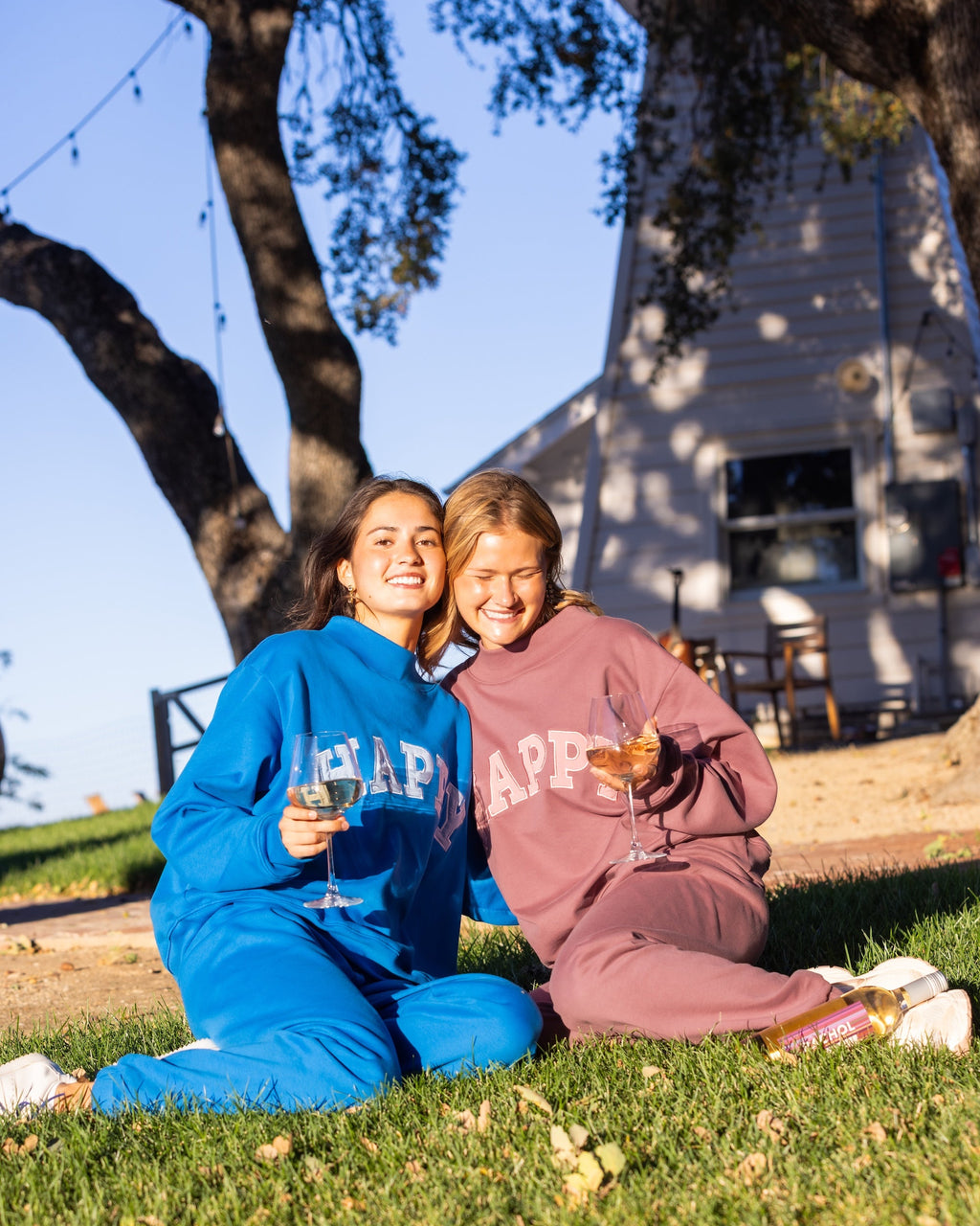 HAPPY mockneck sweatshirt in blue and also in purple, mauve.